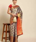 Silk Land  Navy Blue  Woven Design Brocade Saree 