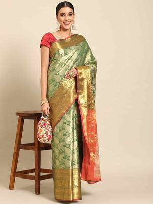 Silk Land  Green  Woven Design Brocade Saree  1