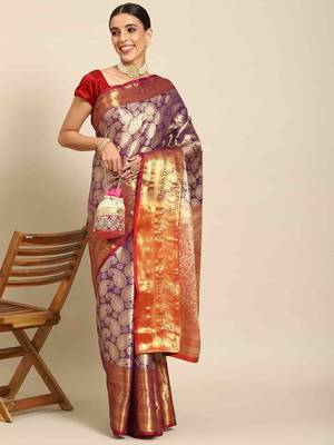Silk Land  Purple  Woven Design Brocade Saree  1