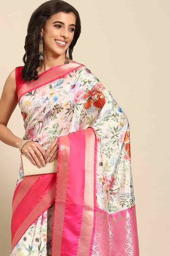 Silk Land  White  Woven Design Art Silk Saree 