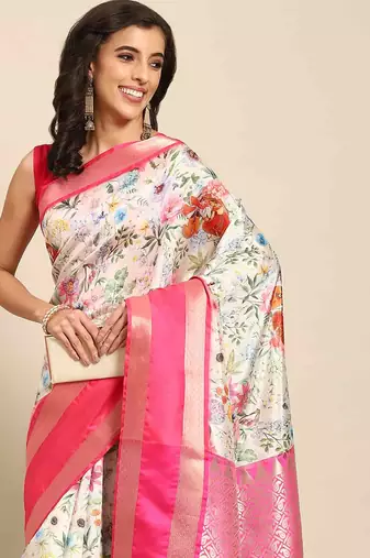Silk Land  White  Woven Design Art Silk Saree 
