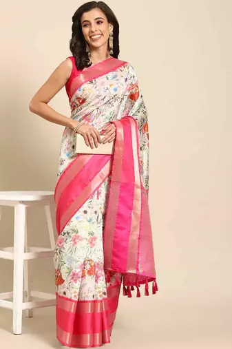 Silk Land  White  Woven Design Art Silk Saree 