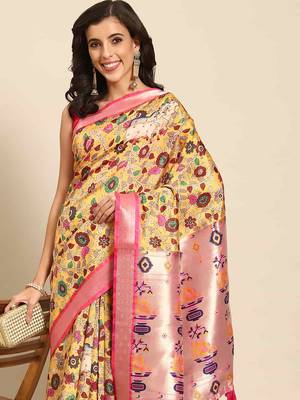 Silk Land  Yellow  Woven Design Art Silk Saree  1