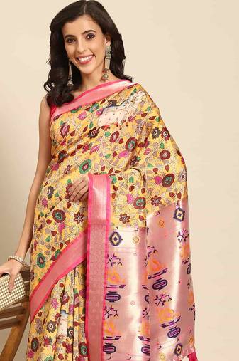 Silk Land  Yellow  Woven Design Art Silk Saree 