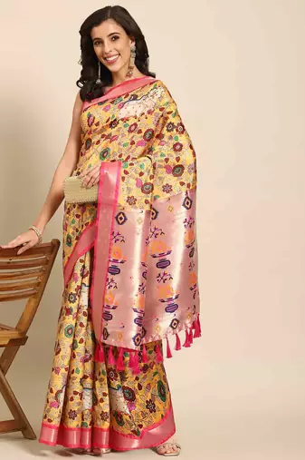 Silk Land  Yellow  Woven Design Art Silk Saree 