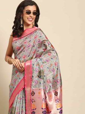 Silk Land  Grey  Woven Design Art Silk Saree  1