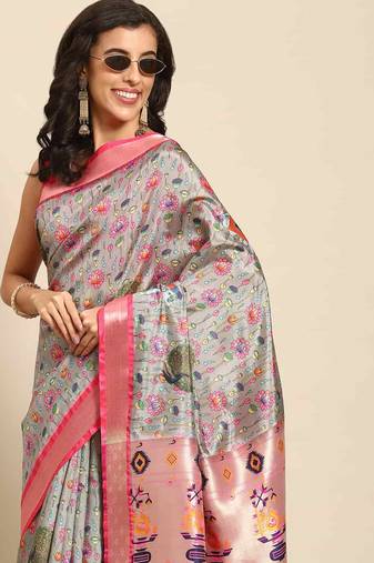 Silk Land  Grey  Woven Design Art Silk Saree 
