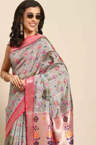 Silk Land  Grey  Woven Design Art Silk Saree 
