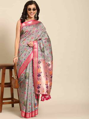 Silk Land  Grey  Woven Design Art Silk Saree  2