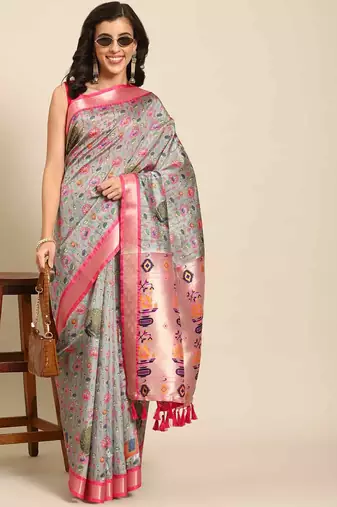 Silk Land  Grey  Woven Design Art Silk Saree 