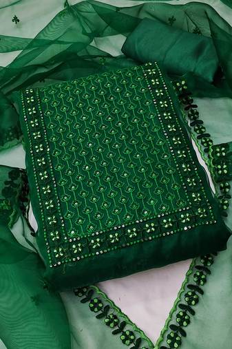 Green Organza Embroidered Unstitched Dress Material