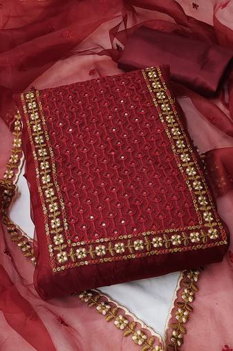 Maroon Organza Embroidered Unstitched Dress Material