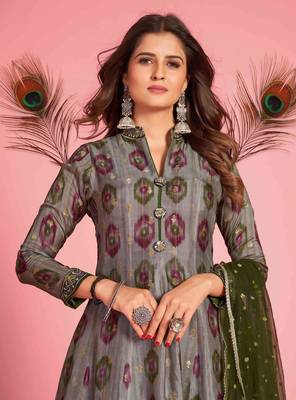 Mahendi  Designer Kalamkari Printed,Embroidery Work Dola Silk Stiched Readymade Gown 1