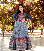 Blue Patola Designer Foil Printed Pashmina Silk Stiched Readymade Gown