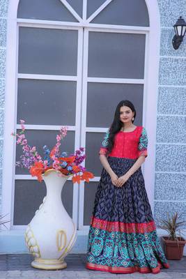 Blue Patola Foil Printed Dola Silk Stiched Readymade Gown 1
