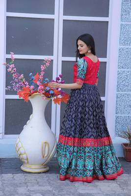 Blue Patola Foil Printed Dola Silk Stiched Readymade Gown 2