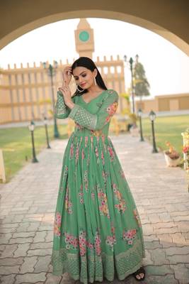 Pista Digital Printed,Designer Embroidery Work Faux Georgette Stiched Readymade Gown 1
