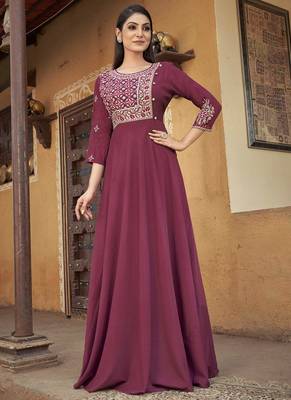Purple Designer Thread Embroidery Work Muslin Stiched Readymade Gown 1
