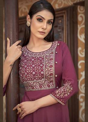 Purple Designer Thread Embroidery Work Muslin Stiched Readymade Gown 2