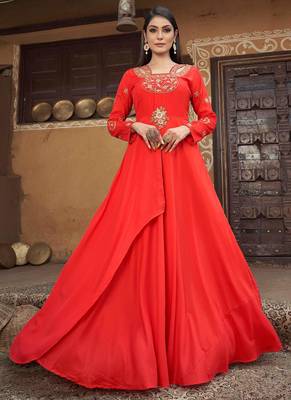 Red Designer Thread Embroidery Work Muslin Stiched Readymade Gown 1