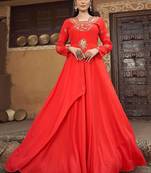 Red Designer Thread Embroidery Work Muslin Stiched Readymade Gown