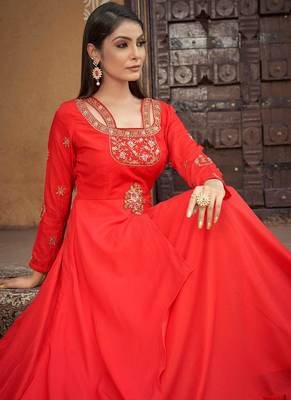 Red Designer Thread Embroidery Work Muslin Stiched Readymade Gown 2