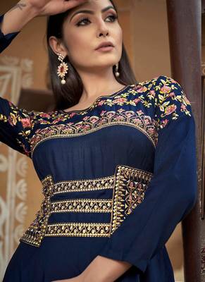 Blue Designer Thread Embroidery Work Muslin Stiched Readymade Gown 2