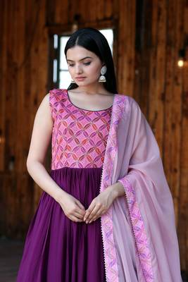 Pink Designer Printed,Sequance Embroidery Work Chinon Stiched Readymade Gown 2