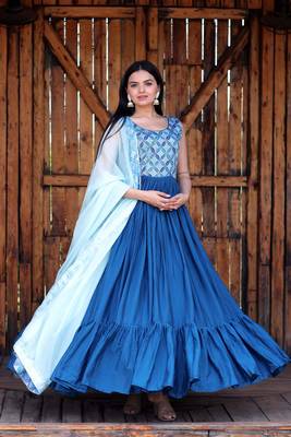 Blue Designer Printed,Sequance Embroidery Work Chinon Stiched Readymade Gown 1
