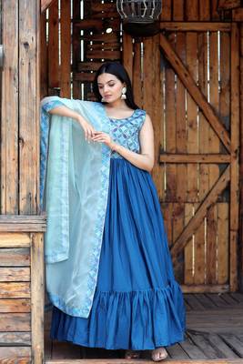 Blue Designer Printed,Sequance Embroidery Work Chinon Stiched Readymade Gown 3