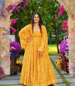 Yellow Designer Digital Printed Georgette Stiched Readymade Gown