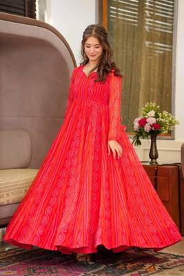 Red Designer Digital Printed Georgette Stiched Readymade Gown 1