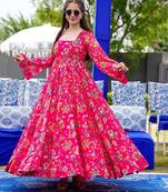 Pink Designer Digital Printed Georgette Stiched Readymade Gown