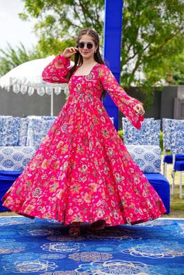 Pink Designer Digital Printed Georgette Stiched Readymade Gown 3