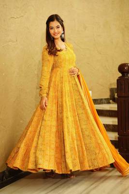 Yellow Designer Digital Printed Georgette Stiched Readymade Gown 1