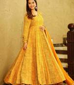 Yellow Designer Digital Printed Georgette Stiched Readymade Gown