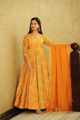 Yellow Designer Digital Printed Georgette Stiched Readymade Gown 2