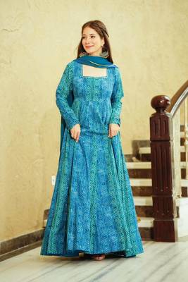 Blue Designer Digital Printed Georgette Stiched Readymade Gown 1