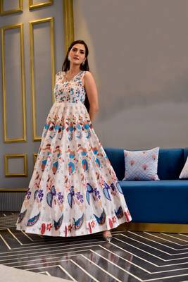 Off White Designer Digital Printed Maslin Stiched Readymade Gown 1