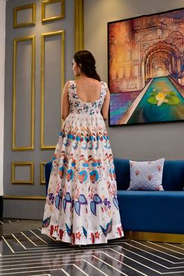 Off White Designer Digital Printed Maslin Stiched Readymade Gown 2