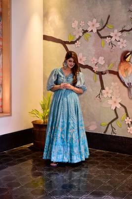 Sky Blue Designer Digital Printed Maslin Stiched Readymade Gown 1