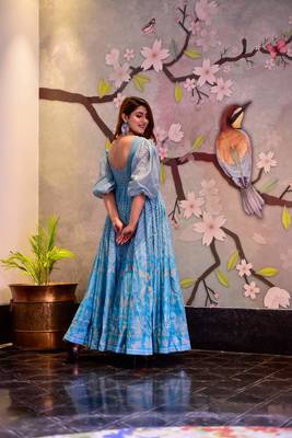 Sky Blue Designer Digital Printed Maslin Stiched Readymade Gown 2