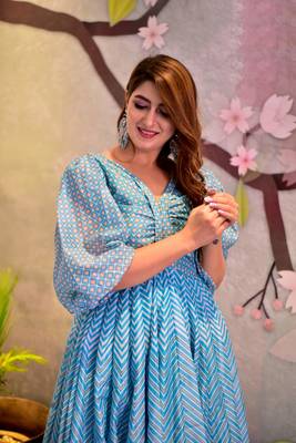 Sky Blue Designer Digital Printed Maslin Stiched Readymade Gown 3