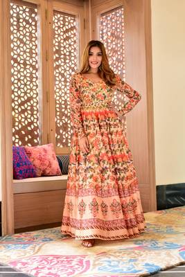 Peach Designer Digital Printed Maslin Stiched Readymade Gown 1