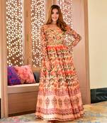 Peach Designer Digital Printed Maslin Stiched Readymade Gown
