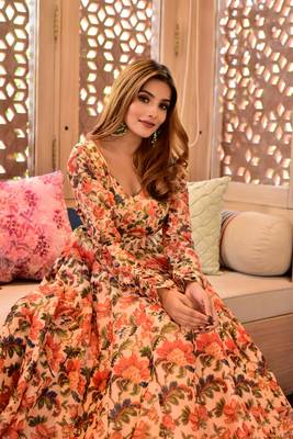 Peach Designer Digital Printed Maslin Stiched Readymade Gown 3