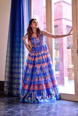 Blue Designer Digital Printed Maslin Stiched Readymade Gown 1