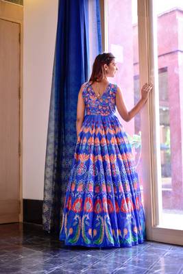 Blue Designer Digital Printed Maslin Stiched Readymade Gown 2