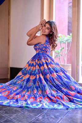 Blue Designer Digital Printed Maslin Stiched Readymade Gown 3