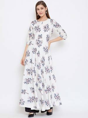 Cream Digital Printed Muslin Stiched Readymade Gown 1